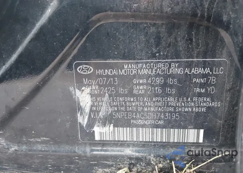 2013 Hyundai Sonata Gls from USA, damaged, VIN 5NPEB4AC5DH743195